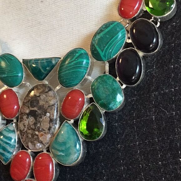 TURTILLA AGATE WITH MALACHITE GEMS NECKLACE SILVER - Picture 15 of 16